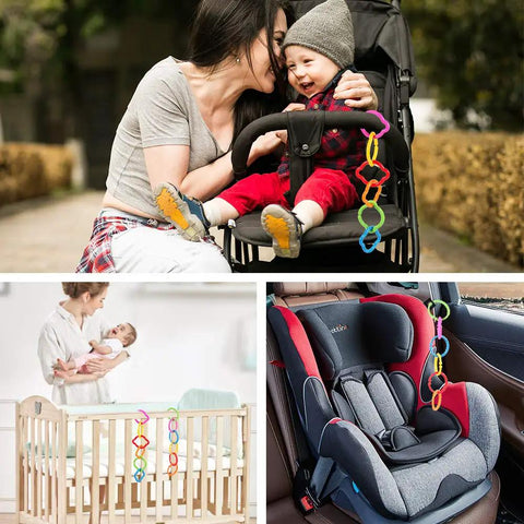 Link To Go Baby Rings Toy Kit For Stroller Car Seat Crib Clip On Play Mat Early Education Set shown attached to stroller, crib, and car seat.
