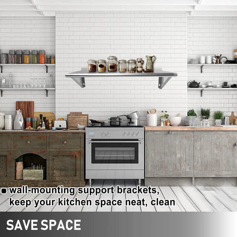 Stainless Steel Wall Mount Shelf 12x24 Inches Heavy Duty Kitchen Utility Rack above stove in modern kitchen