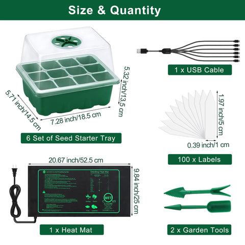 Six Pack Seed Starter Tray Kit With Grow Light And Seedling Heat Mat, 72 Cell Trays With Humidity Dome Base And USB Cable, Easy No Fuss Germination Propagation Kit For Home Gardeners