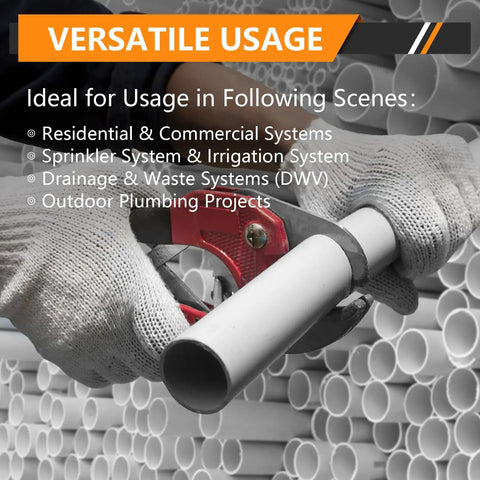 Versatile usage image showing cutting of 1-1/4 inch PVC pipe for plumbing systems with 50 Piece 1-1/4 Inch Compression PVC Coupling COM X COM Pipe Fitting Top Shelf Schedule 40 Plastic Connector Built Like A Tank For Easy Install And Legit 150 PSI Rated Water Line Performance.