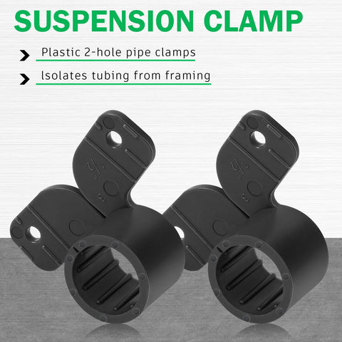 Two black butterfly-style 1/2-inch pipe clamps for PEX, copper, and CPVC tubing