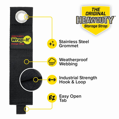 Beefed-Up 17-Inch Storage Straps Pack of 6 for Cords; black strap with stainless steel grommet, hook & loop, labeled features.