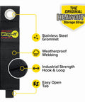 Heavy Duty Cord Straps 9 Pack For Garage Organization And Cable Management with label details and steel grommet