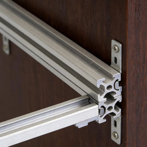 Built Tough Heavy Duty Aluminum Shelf Brackets Set for 202, 3030 and 4040 Corner Fittings mounted on wooden surface