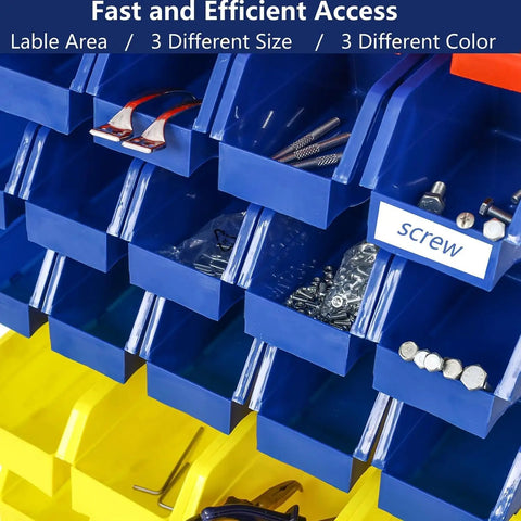 Close-up of bins in Heavy Duty Rolling Steel Storage Rack With Wheels, 90 Bin Organizer, showing various bolts and screws.