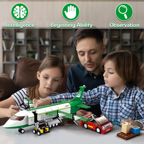 Family assembling Awesome City Cargo Plane Building Set With Car And Movable Ladder 383 Blocks Cargo Tray And Airport Stairs