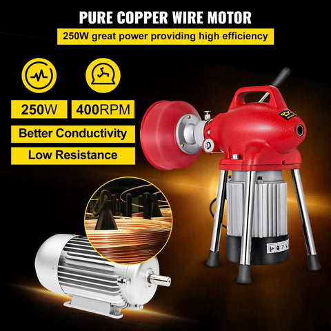 Automatic Power Drain Snake And Heavy Duty Pipe Dredge Machine With Rust Resistant Manganese Steel Coil showing 250W motor for efficient drain cleaning.