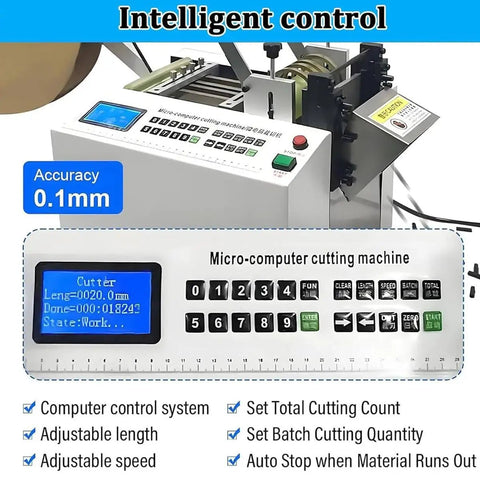 Auto Electric Heat Shrink Tube Cutter Machine control panel with display, showing adjustable settings for precision cutting.