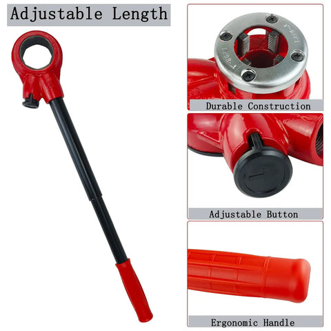 Heavy Duty Pipe Threader Ratchet Kit With BSPT Dies In Half Inch, Three Quarter Inch And One Inch Sizes, manual tool with adjustable handle