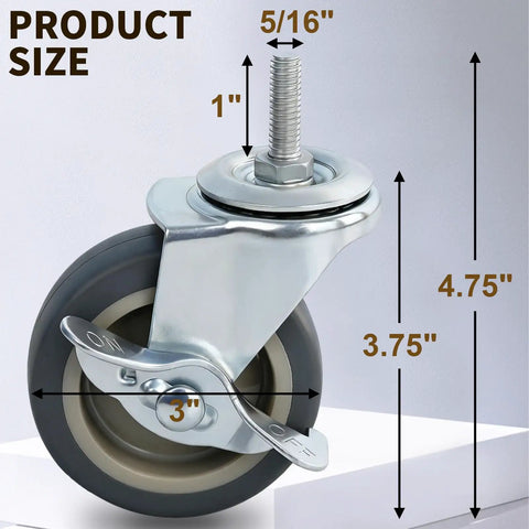 Top Shelf 3 Inch TPR Threaded Stem Castors 5 16 18 X 1 Set Of 4 with dimensions 5/16 inch stem, 3 inch wheel for office furniture.