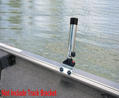 Rugged Heavy Duty Aluminum Rocket Launcher Rod Holder With 90 Degree Gunnel Track System, Fully Adjustable 360 Degree Rotation And Tilt, Over 9 Inch Tubing, Marine Grade CNC Machined, Built For Versatrack And Lund Ranger Lowe Boats mounted on boat track