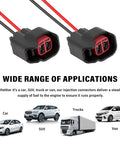 8 Pack Fuel Injector Connector Pigtail Kit For Dodge Ford Chevy Cars shown with various vehicle types including car, SUV, truck, and van
