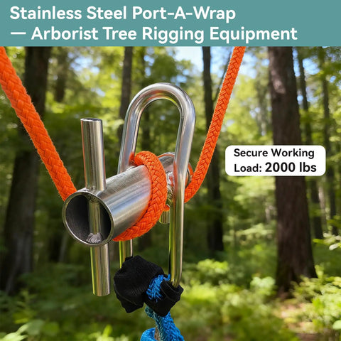 Port A Wrap Stainless Medium Port Wrap For Tree Rigging Pro Gear Up To Five Eighths Inch Rope 7000 Lbs MBS in forest setting