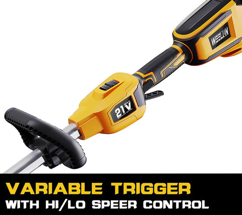 Cordless Weed Trimmer And Edger With 21V Power 13 Inch Cutting Swath Brushless Motor Dual Battery Pack variable trigger handle