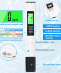 4 In 1 TDS Meter And Water Tester Pro With EC And Temperature Readout, displaying digital screen and control buttons, titanium probe visible