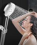 Adjustable Shower Head Holder For Handheld Showers With 360 Degree Swivel Ball Joint Chrome ABS Bracket Mount For Shower Arm And Hose Durable No Fuss Install Premium Build Quality, chrome ABS holder with handheld shower and hose in use