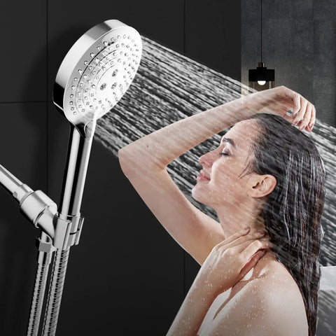 Adjustable Shower Head Holder For Handheld Showers With 360 Degree Swivel Ball Joint Chrome ABS Bracket Mount For Shower Arm And Hose Durable No Fuss Install Premium Build Quality, chrome ABS holder with handheld shower and hose in use
