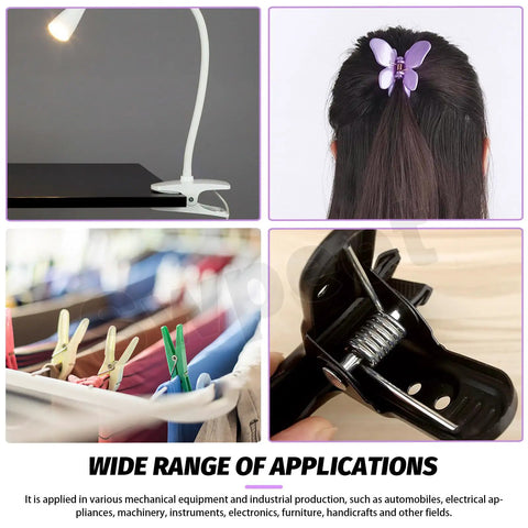 Collage of various applications including lamp, hair clip, clothespins, and clip showing 10 Pack 180 Degree Stainless Steel Torsion Springs