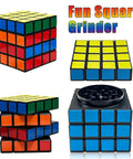 Fun square-shaped spice grinder with colorful tiles, showcasing a compact design and visible internal grinding mechanism.