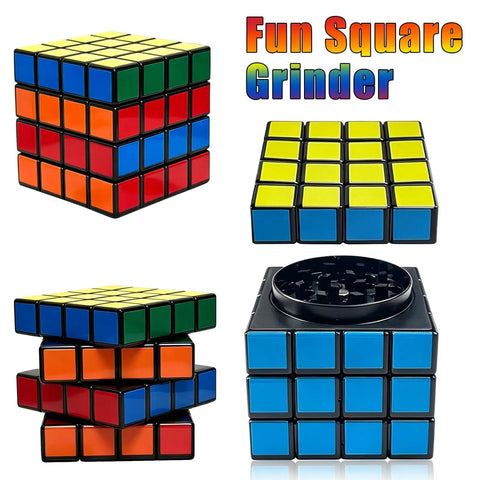 Fun square-shaped spice grinder with colorful tiles, showcasing a compact design and visible internal grinding mechanism.
