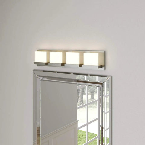 Alberson 4 Light Brushed Nickel LED Bath Bar Light Modern Vanity Fixture mounted above bathroom mirror