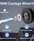 Roofing Hoist Carriage Wheel Kit For TP250 TP400 And LH200 LH2000 Elevators Replaces Part 90040 with bolt, washers and wheel shown.