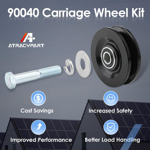 Roofing Hoist Carriage Wheel Kit For TP250 TP400 And LH200 LH2000 Elevators Replaces Part 90040 with bolt, washers and wheel shown.