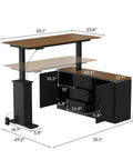 Cool L Shaped Electric Standing Desk With Brown And Black Finish, 55 Inch Big Top dimensions and storage drawer details.