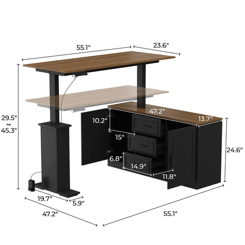 Cool L Shaped Electric Standing Desk With Brown And Black Finish, 55 Inch Big Top dimensions and storage drawer details.