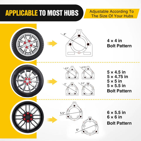 Infographic showing bolt patterns for Heavy Duty Spare Tire Carrier Mount For Stake Pocket On Utility And Boat Trailers