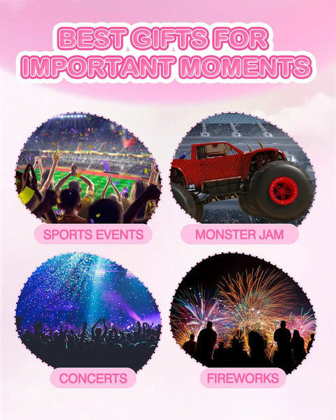 Collage of events like concerts, sports, monster jam, fireworks for Kids Ear Protection 2 Pack Adjustable Noise Reduction Earmuffs