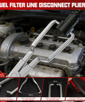 Fuel filter line disconnect pliers from 9 Piece Hose Clamp Pliers Set For Fuel Line Disconnect And Hose Removal Tool Kit in engine view.