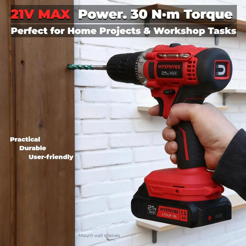Powerhouse 21V Max Cordless Drill Driver Kit With Dual Batteries And Fast Charger 26 Accessories In Sturdy Case 30Nm Torque 2 Speed 24 1 Clutch 3 8 Inch Keyless Chuck Compact Electric Drill For Home Improvement And DIY Projects in use for mounting wall shelves on brick wall