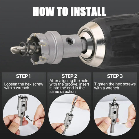 Beefy Pro Grade Three Piece Carbide Hole Saw Kit With Titanium Coated Pilot Drill installation guide with drill and hex screw steps