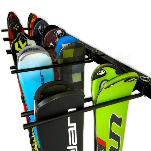 Heavy Duty Wall Mount Ski Storage Rack Designed To Hang Ten Pairs Of Skis And Poles with colorful ski tips displayed.