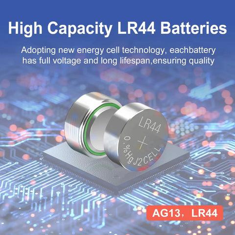 Premium AG13 LR44 Batteries 25 Pack 1.5V Alkaline Button Cells on a circuit board, showcasing high capacity and design.