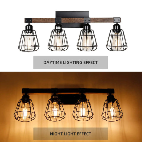 Rustic Wood And Matte Black Industrial Vanity Light Four Light Over Mirror Sconce with day and night lighting effects