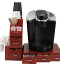 Two Piece Single Serve Coffee Pod Drawer And Condiment Organizer Station Red Keeps Your Counter Clean And Efficient Stashing K Cups Tea Bags Cocoa Pods And Condiments In One Handy Easy Reach Setup with coffee maker on top.