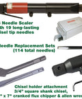 Beast Of A Chisel And Needle Scaler Kit With 19 Needles, One Eighth Inch Diameter, Seven Inches Long, 3000 BPM, accessories visible
