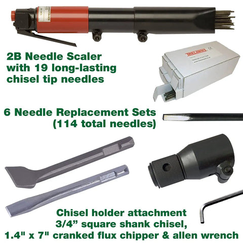 Beast Of A Chisel And Needle Scaler Kit With 19 Needles, One Eighth Inch Diameter, Seven Inches Long, 3000 BPM, accessories visible
