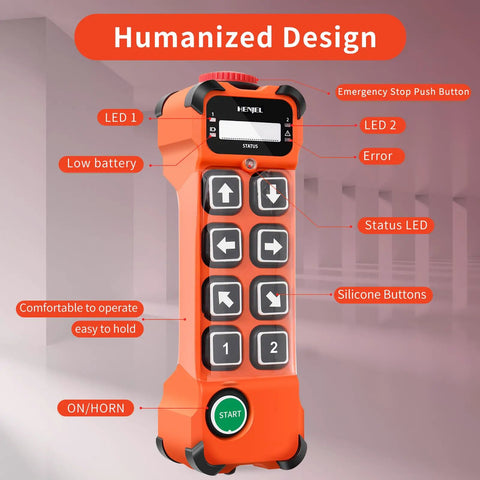 Eight Channel Industrial Wireless Crane Remote Control With 100 Meter Range And 360 Degree Barrier Free Signal No Interference E Stop Push Button for overhead usage