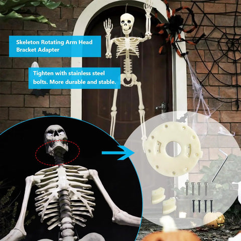 Beef Up Your 12 Foot Giant Skeleton With This Repair Kit Featuring Swivel Arm Plate And Head Bracket Connect The Arm To The Head Replacement Parts For 12 Ft Skeleton Heavy Duty DIY Halloween Prop Fix showing arm plate and head bracket
