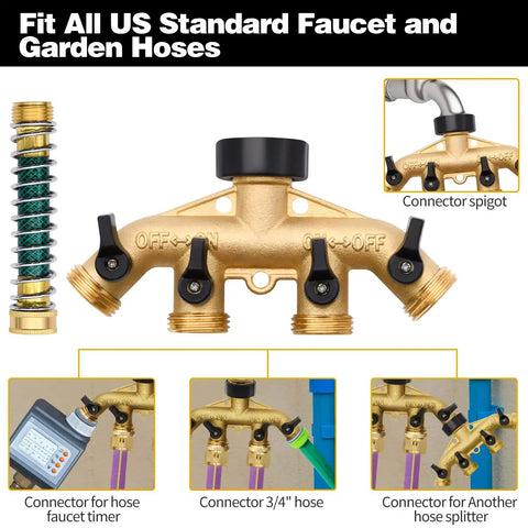 Four Way Garden Hose Splitter With Four Extension Adapters Brass Watering Splitter For Multiple Outlets Easy To Use Leak Free Includes Spring Protectors Spare Washers And Thread Sealing Tapes, brass 4-way hose splitter