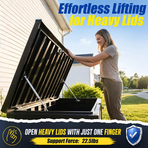 Woman effortlessly lifting a heavy lid using Rock Solid 304 Stainless Steel Gas Struts 15 Inch 22.5 Pound for Boat Hatches.