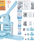 Three In One Button Maker Kit With 25mm 32mm And 58mm Sizes, Ergonomic Arc Handle Punch Press, 300 Button Parts, DIY Badge Maker Totally Fun For Kids And Crafters, Create Badges, Keychains, Magnets, Mirrors, And More, Panda Book Included Blue displayed with parts and panda book