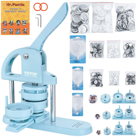 Three In One Button Maker Kit With 25mm 32mm And 58mm Sizes, Ergonomic Arc Handle Punch Press, 300 Button Parts, DIY Badge Maker Totally Fun For Kids And Crafters, Create Badges, Keychains, Magnets, Mirrors, And More, Panda Book Included Blue displayed with parts and panda book