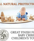 Baby playing with wooden toys on mat, promoting Danish Oil Wood Finish For Furniture And Rustic Pieces, Fast Curing Primer, Pure Polymerized Linseed Oil.