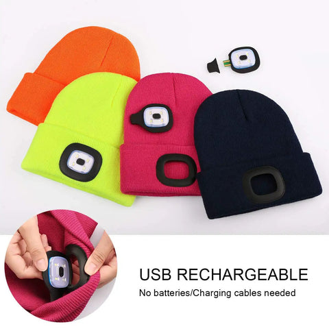 Hands Free LED Beanie With USB Rechargeable Headlamp For Kids Unisex Winter Knit Cap Lighted Hat Navy Blue Perfect For Camping Running Walking Night Safety And Fun Gifts displayed with different colors, showing removable headlamp.