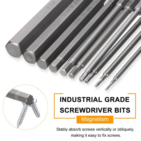5 Piece H6.0 Hex Head Drill Bit Wrench Set With 6mm Flat Tip, One Quarter Inch Hex Shank, 100mm Long, Magnetic Hex Driver Socket Bits