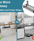 No Drill Under Desk Cable Tray With Clamp Mount Fifteen Point Seven Inch Cord Organizer installed on desk